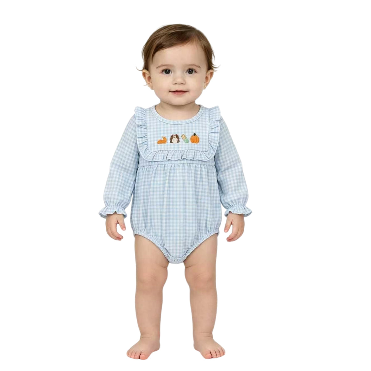 LR3104 Turkey Pumpkin Embroidery Checkered Print Baby Girls Thanksgiving Romper