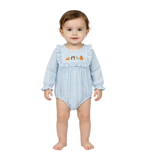 LR3104 Turkey Pumpkin Embroidery Checkered Print Baby Girls Thanksgiving Romper