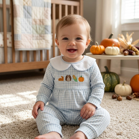 LR3105 Turkey Pumpkin Embroidery Checkered Print Baby Boys Thanksgiving Romper