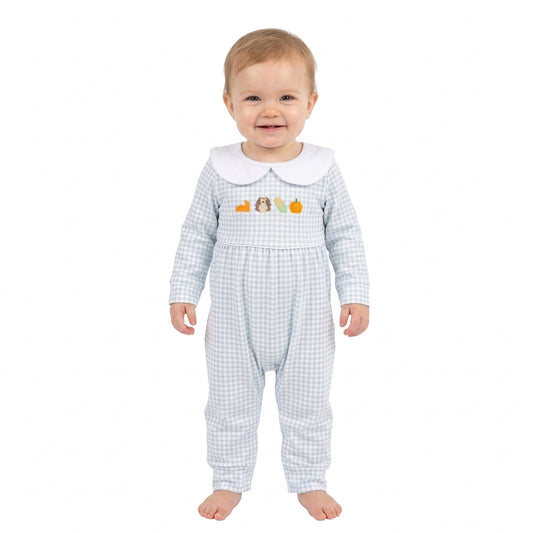 LR3105 Turkey Pumpkin Embroidery Checkered Print Baby Boys Thanksgiving Romper