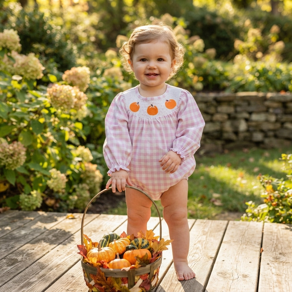 LR3106 Pumpkin Embroidery Gingham Baby Girls Smocked Romper