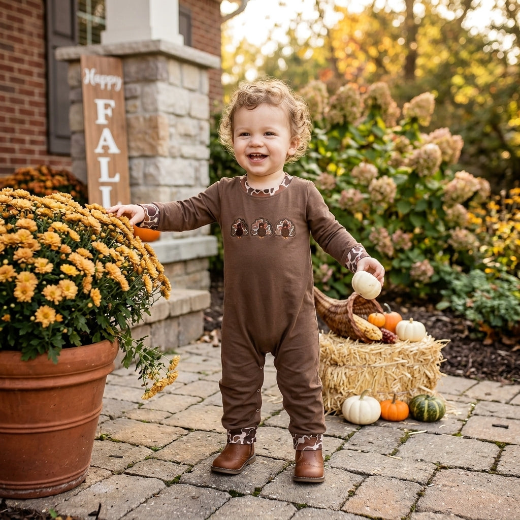 LR3108  Turkey Embroidery Brown Camo Baby Boys Thanksgiving Romper