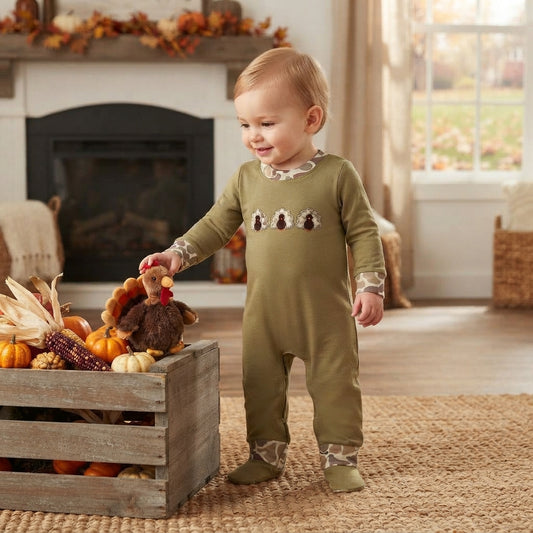 LR3109 Turkey Embroidery Olive Camo Baby Boys Thanksgiving Romper
