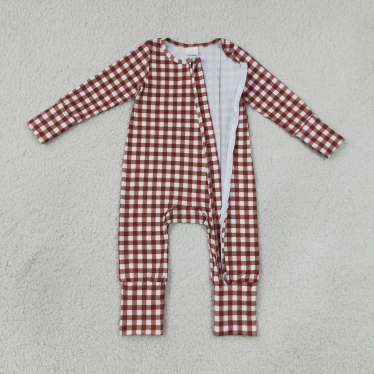 LR3113 Brown Checkerd Baby Long Sleeve Zipper Sleeper Romper