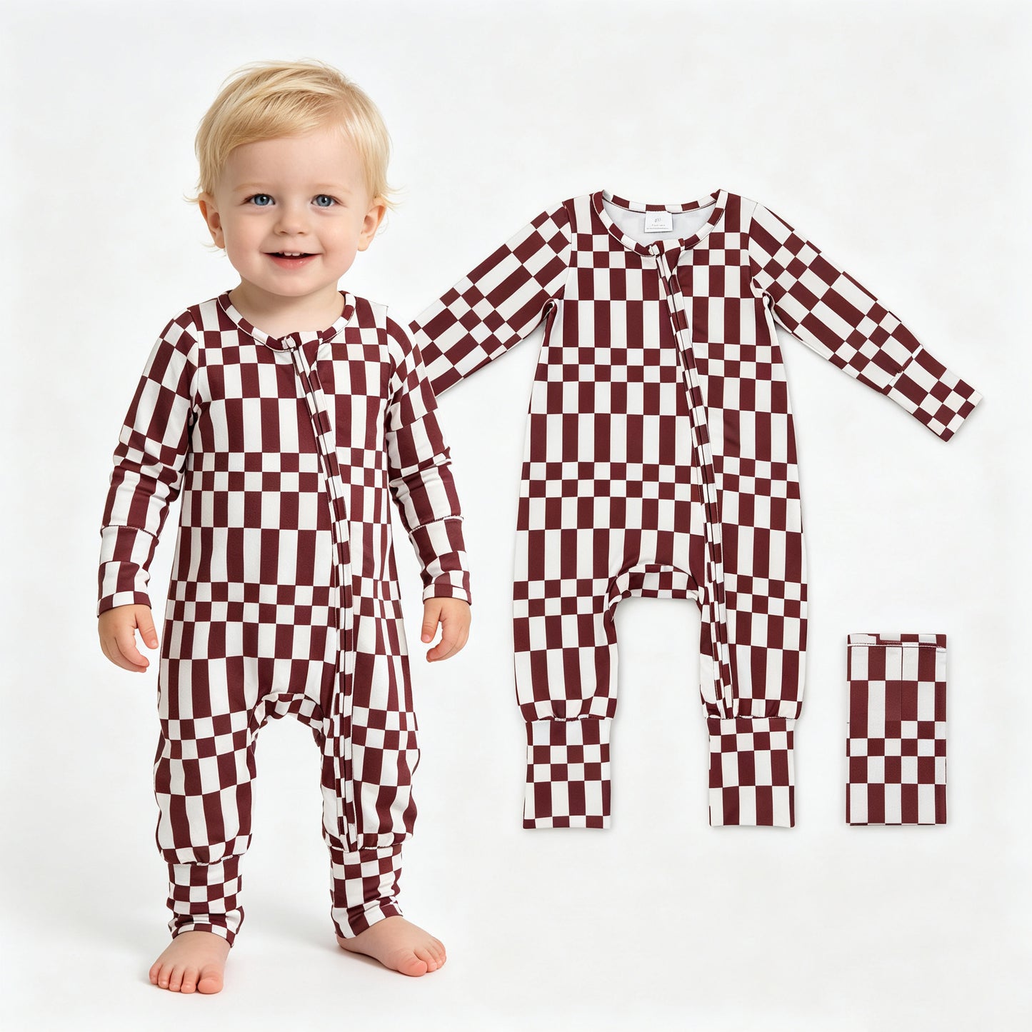 LR3114 Brown White Checkerd Baby Long Sleeve Zipper Sleeper Romper