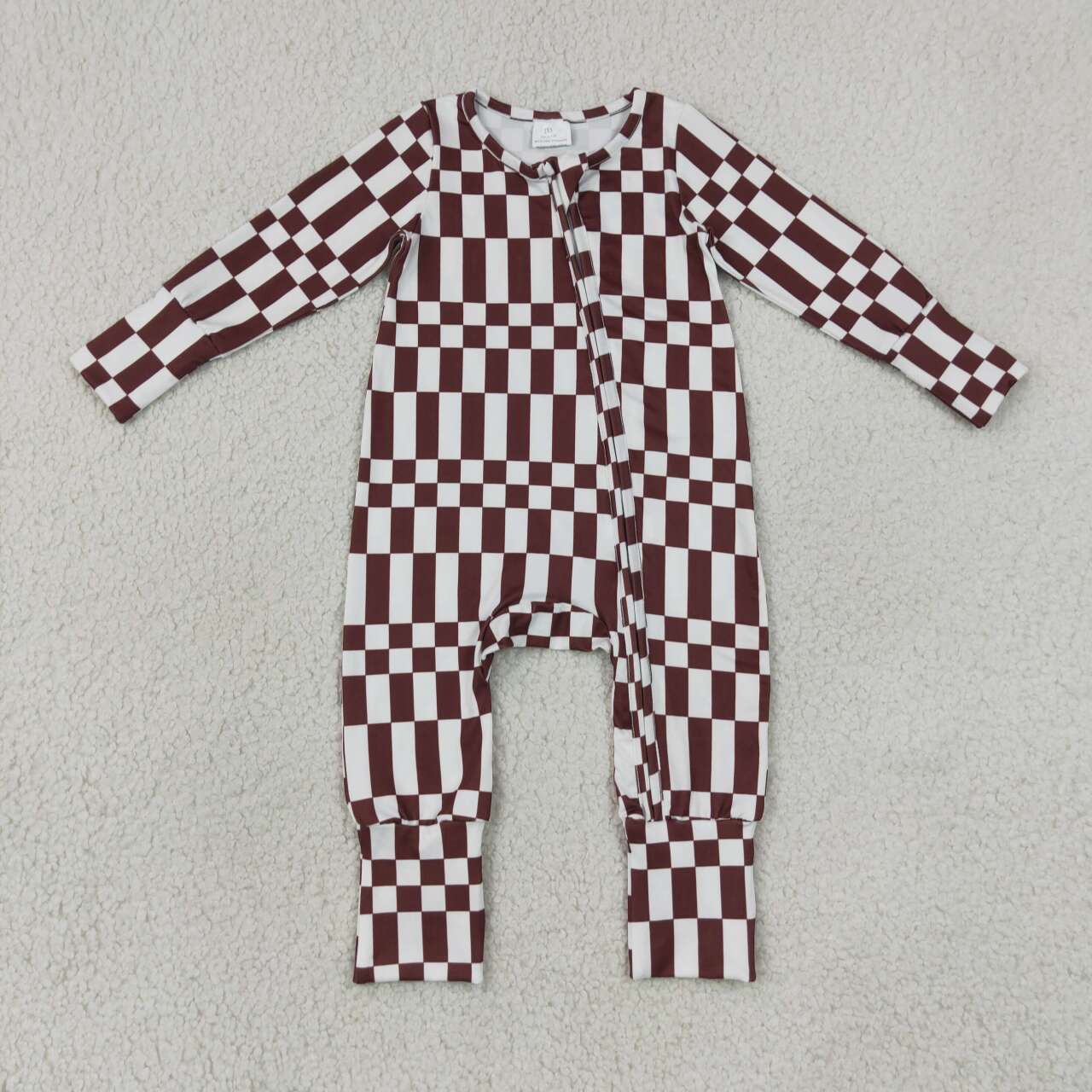 LR3114 Brown White Checkerd Baby Long Sleeve Zipper Sleeper Romper
