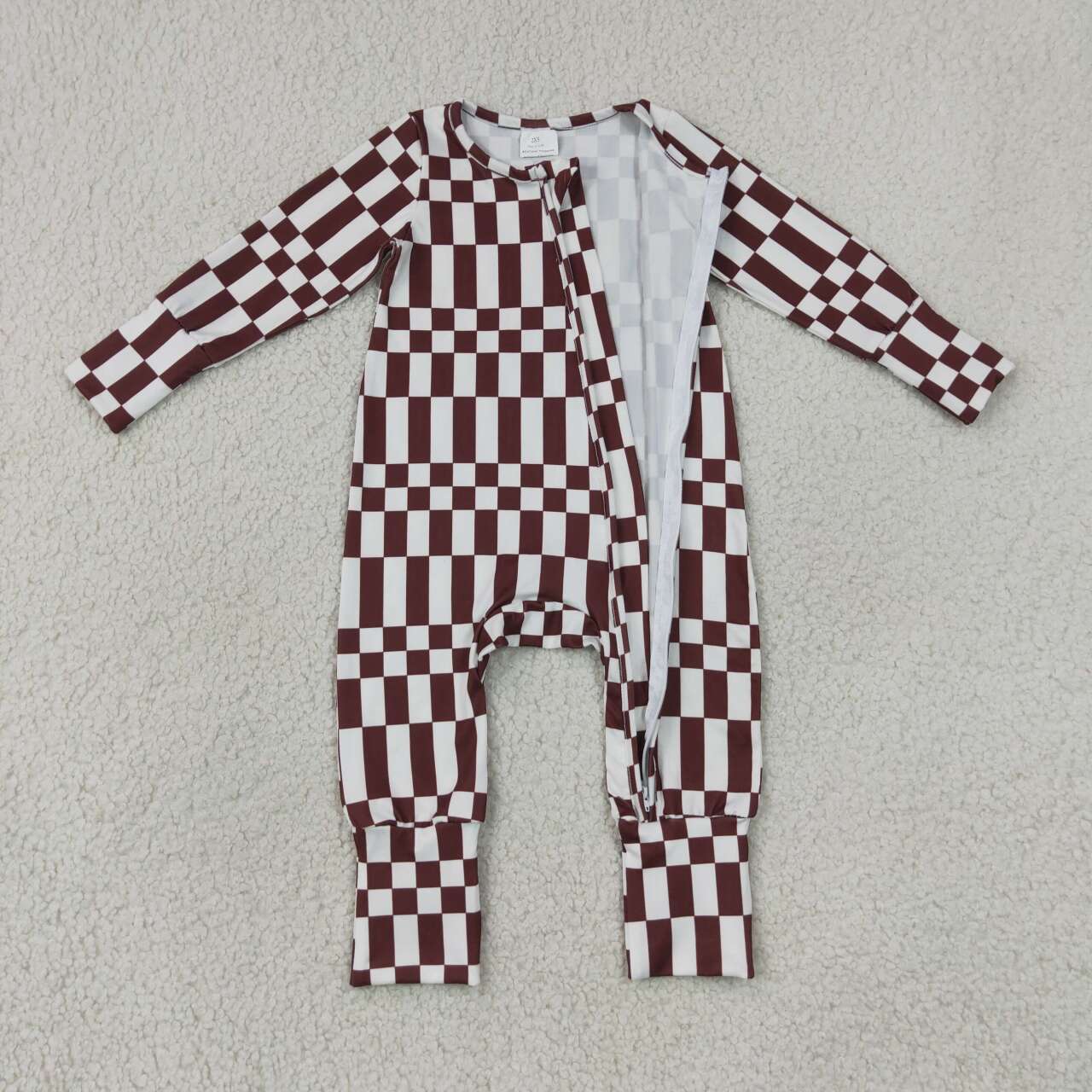 LR3114 Brown White Checkerd Baby Long Sleeve Zipper Sleeper Romper