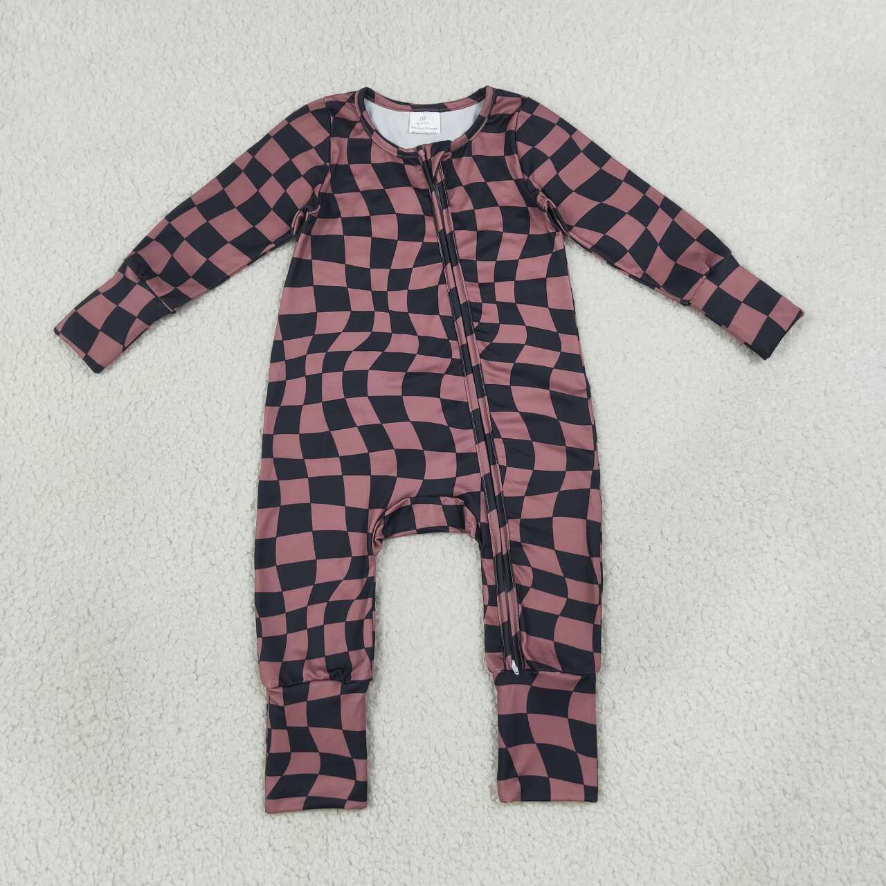 LR3115 Brown Black Wavy Checkerd Baby Long Sleeve Zipper Sleeper Romper