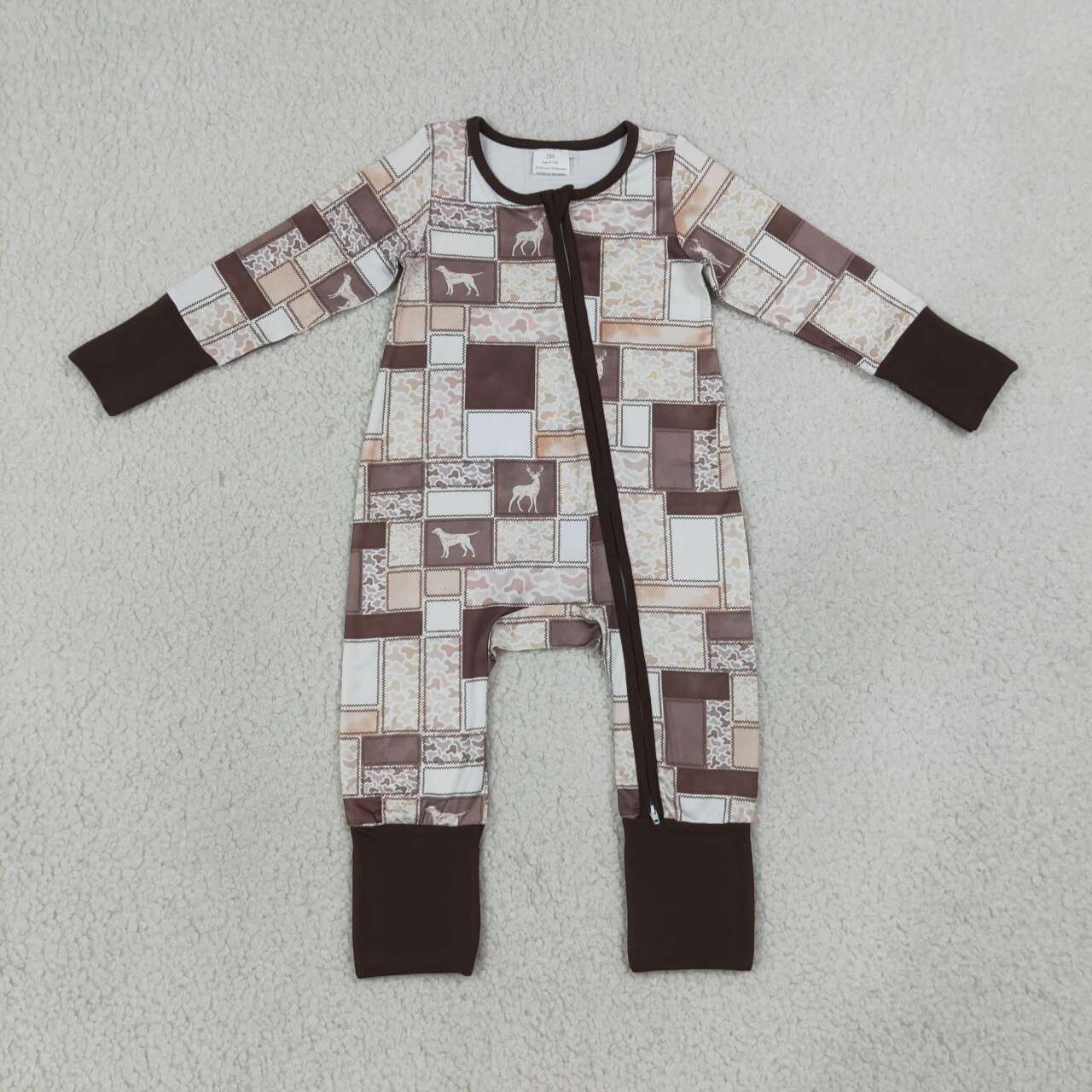 LR3118 Dog Deer Brown Camo Checkered Print Baby Zipper Sleeper Romper