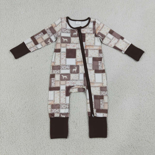 LR3118 Dog Deer Brown Camo Checkered Print Baby Zipper Sleeper Romper