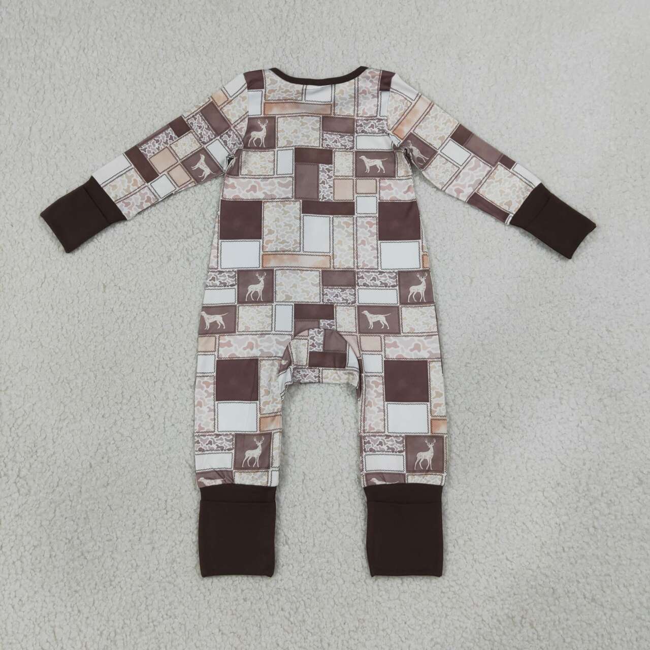 LR3118 Dog Deer Brown Camo Checkered Print Baby Zipper Sleeper Romper