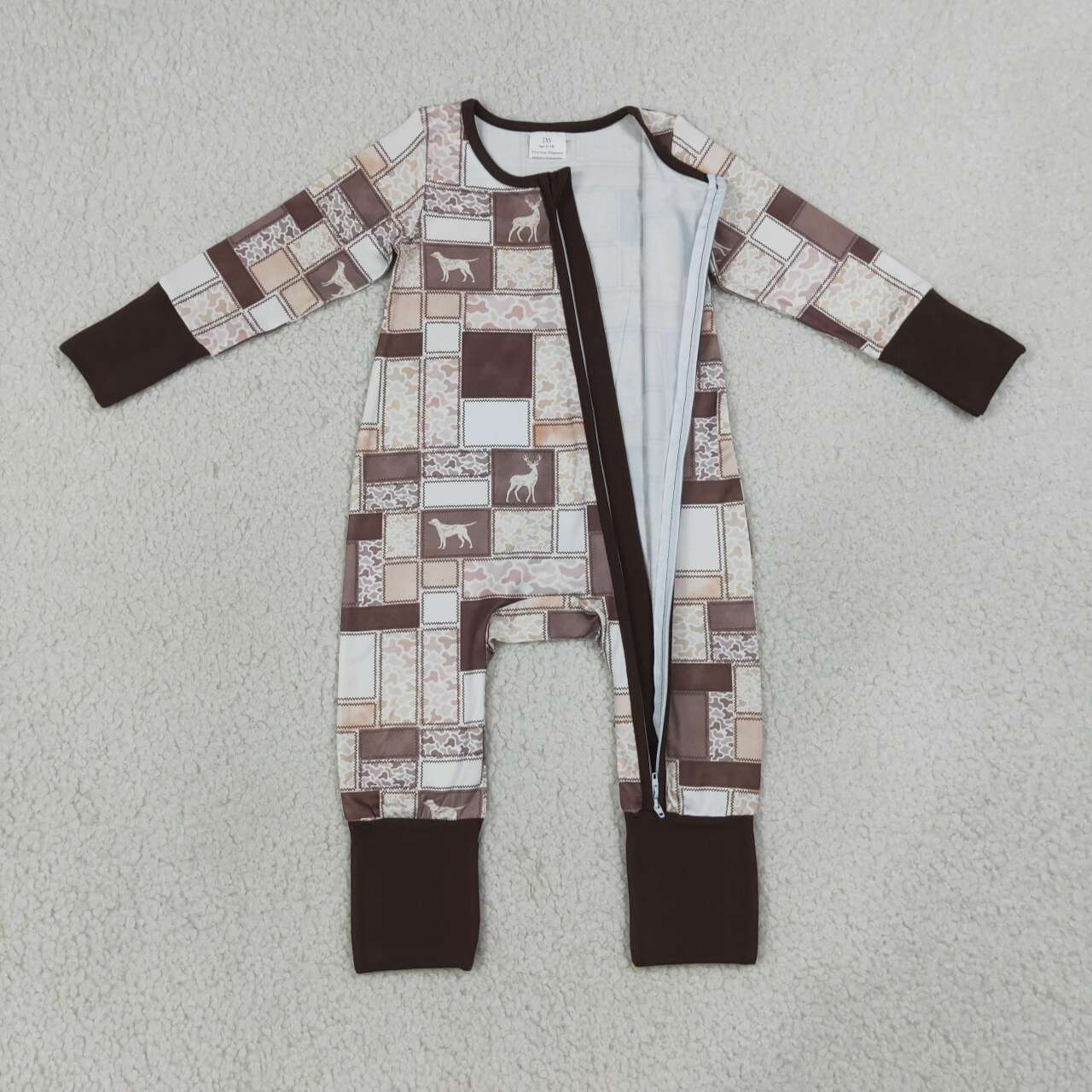 LR3118 Dog Deer Brown Camo Checkered Print Baby Zipper Sleeper Romper