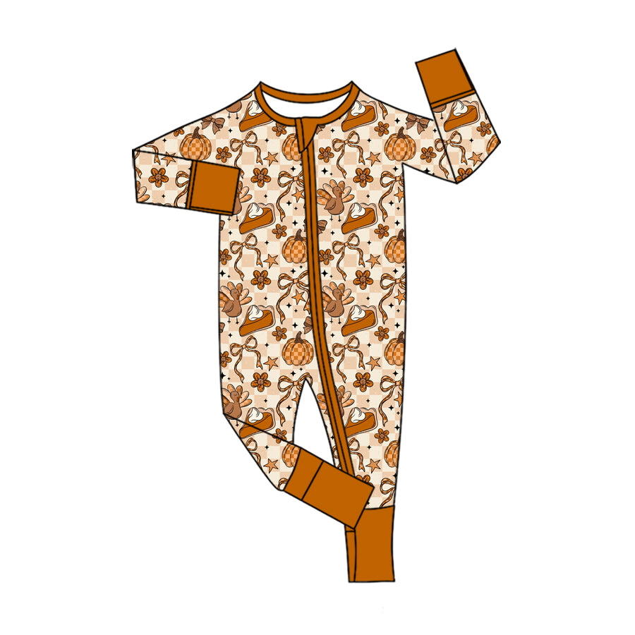 6.24 Preorder LR3119 Turkey Pie Bows Plaid Print Baby Girls Thanksgiving Zipper Sleeper Romper