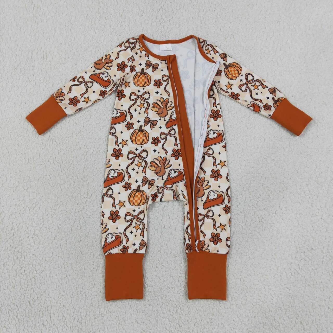 LR3119 Turkey Pie Bows Checkered Print Baby Girls Thanksgiving Zipper Sleeper Romper