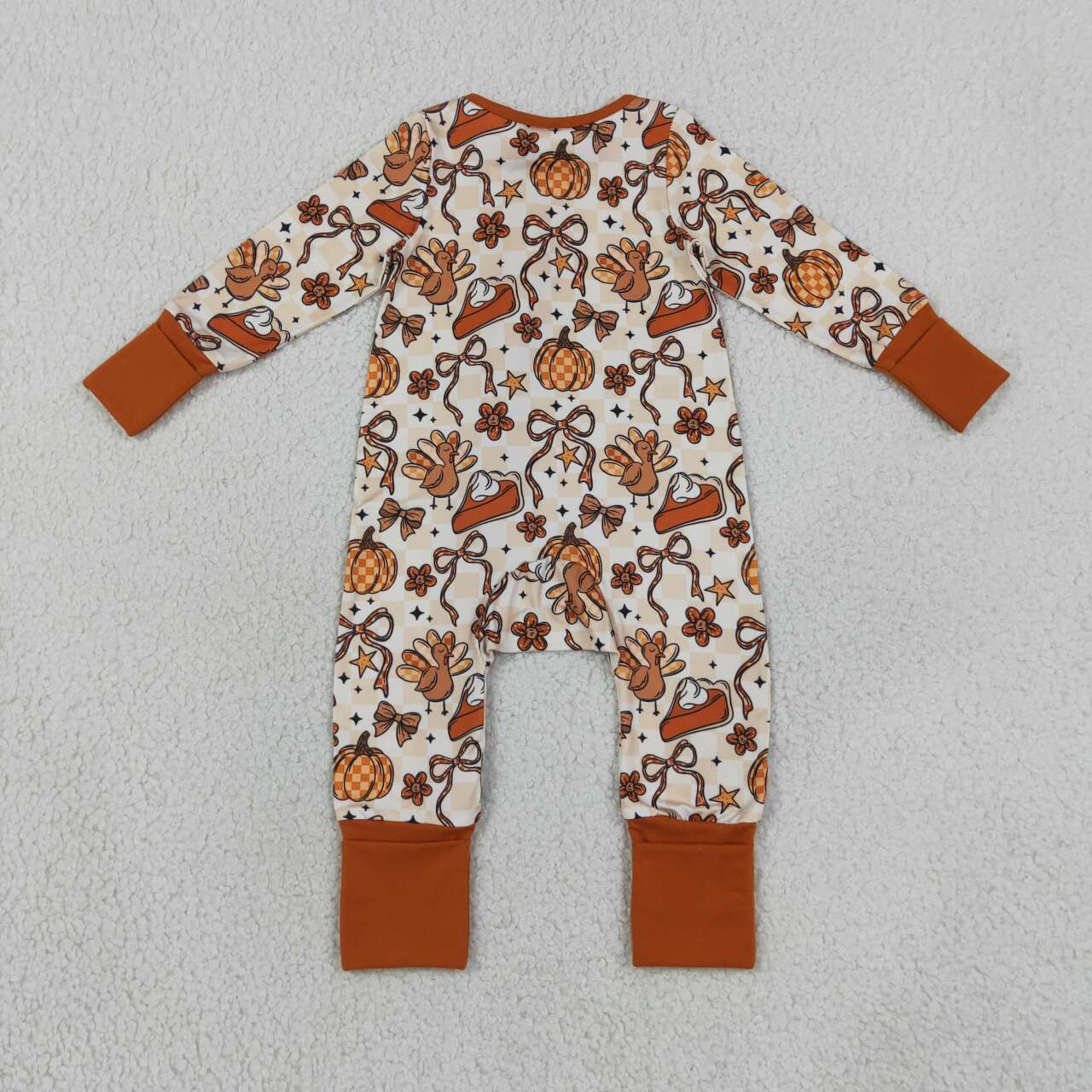 LR3119 Turkey Pie Bows Checkered Print Baby Girls Thanksgiving Zipper Sleeper Romper