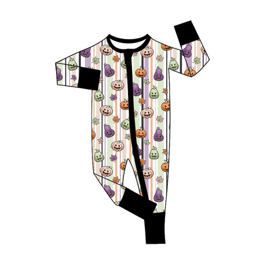 6.24 Preorder LR3122 Pumpkin Stripes Print Baby Halloween Zipper Sleeper Romper