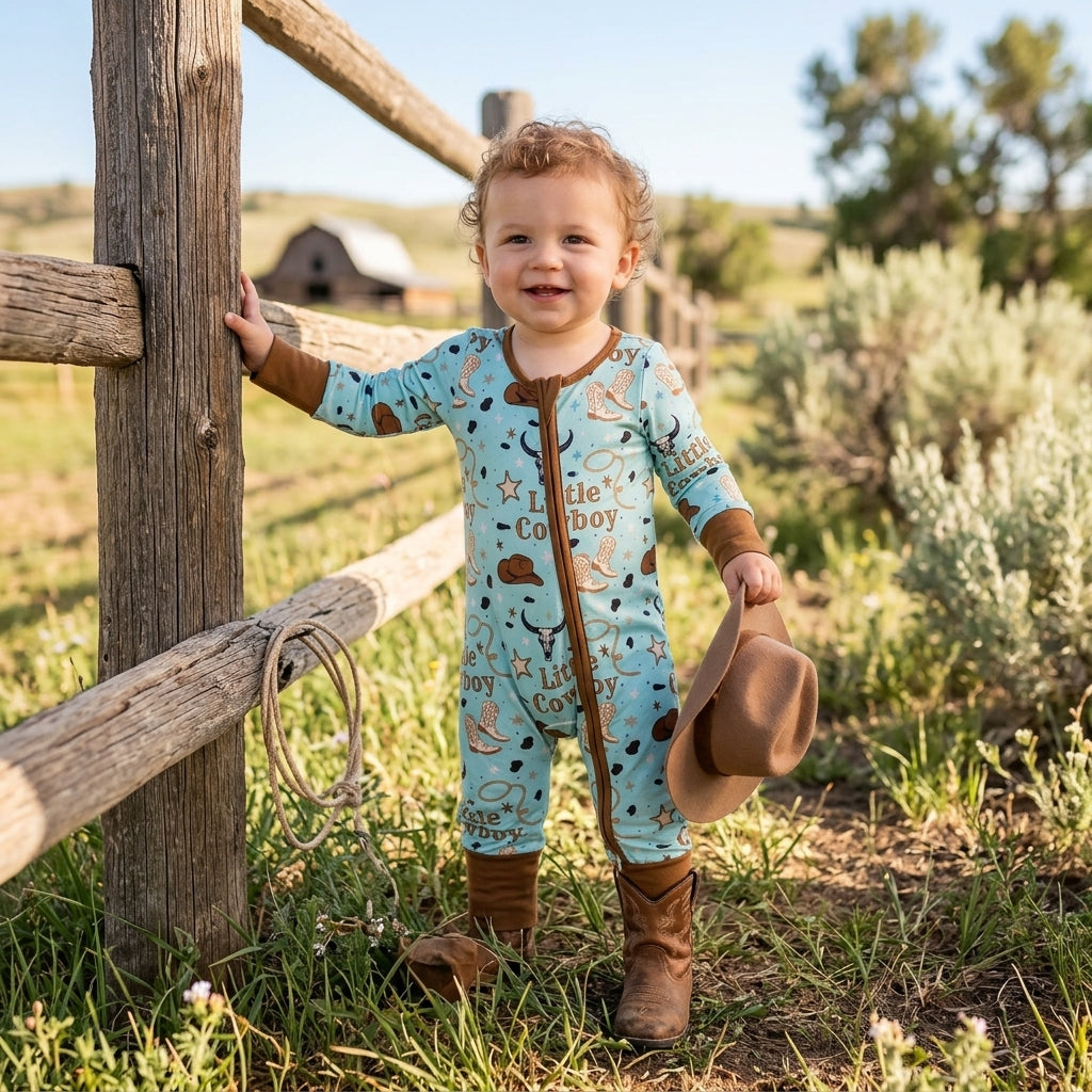 LR3124 Little Cowboy Boots Print Baby Boys Western Zipper Sleeper Romper