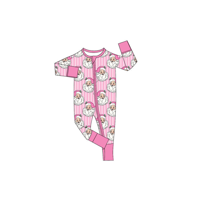 6.27 Preorder LR3125 Santa Pink Stripes Print Baby Girls Christmas Zipper Sleeper Romper