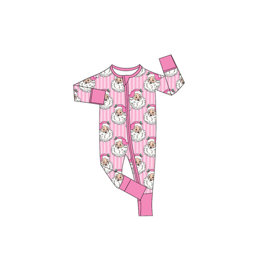 6.27 Preorder LR3125 Santa Pink Stripes Print Baby Girls Christmas Zipper Sleeper Romper