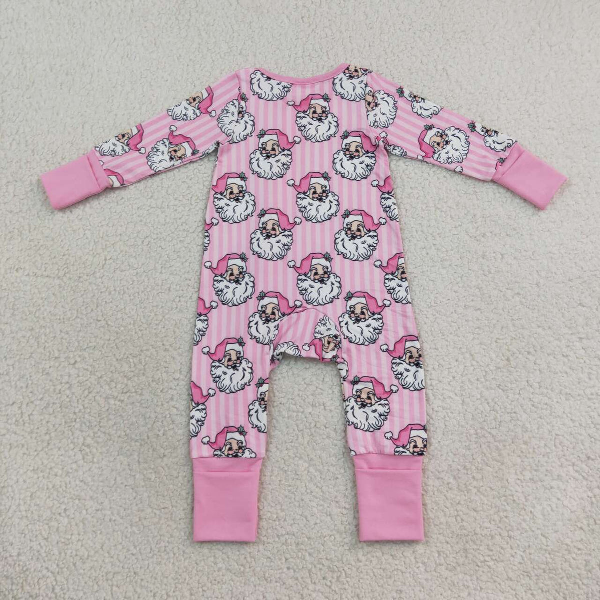 Sibling Baby Girls Christmas Santa Pink Striped Flare Pants Outfit and Zipper Romper