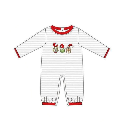 6.29 Preorder LR3131 Green Frog Stripes Print Baby Boys Christmas Romper