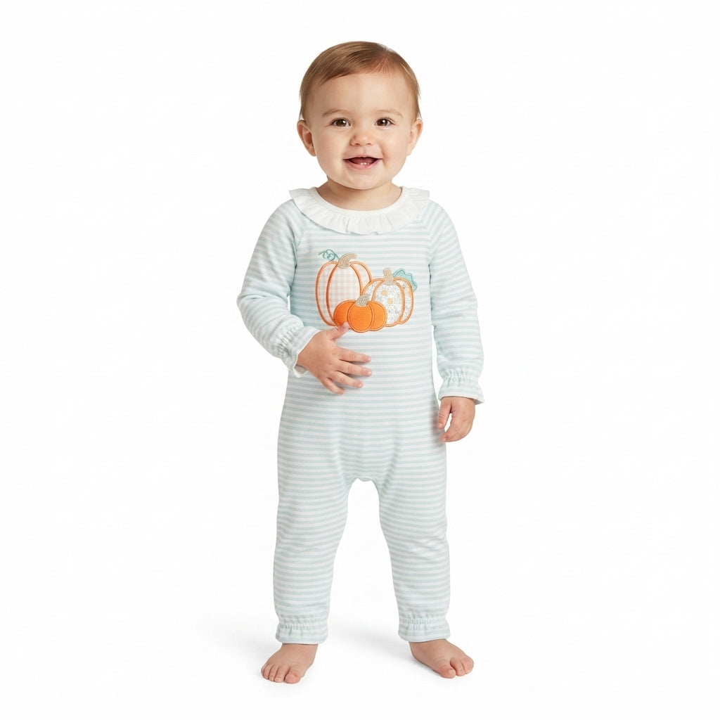 LR3137 Pumpkin Embroidery Stripes Print Baby Girls Fall Romper