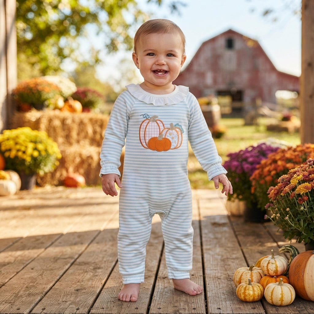 LR3137 Pumpkin Embroidery Stripes Print Baby Girls Fall Romper