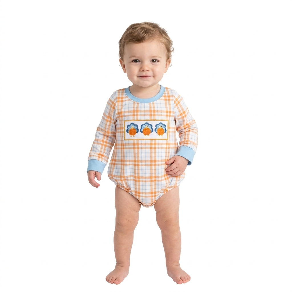 LR3138 Pumpkin Turkey Orange Checkerd Print Baby Boys Thanksgiving Romper