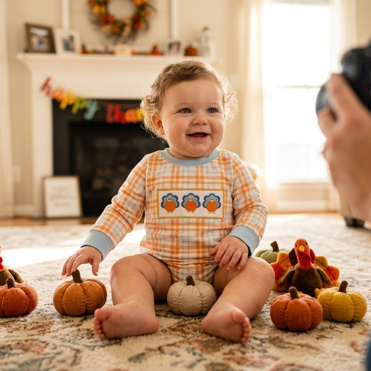LR3138 Pumpkin Turkey Embroidery Orange Checkered Print Baby Boys Thanksgiving Romper