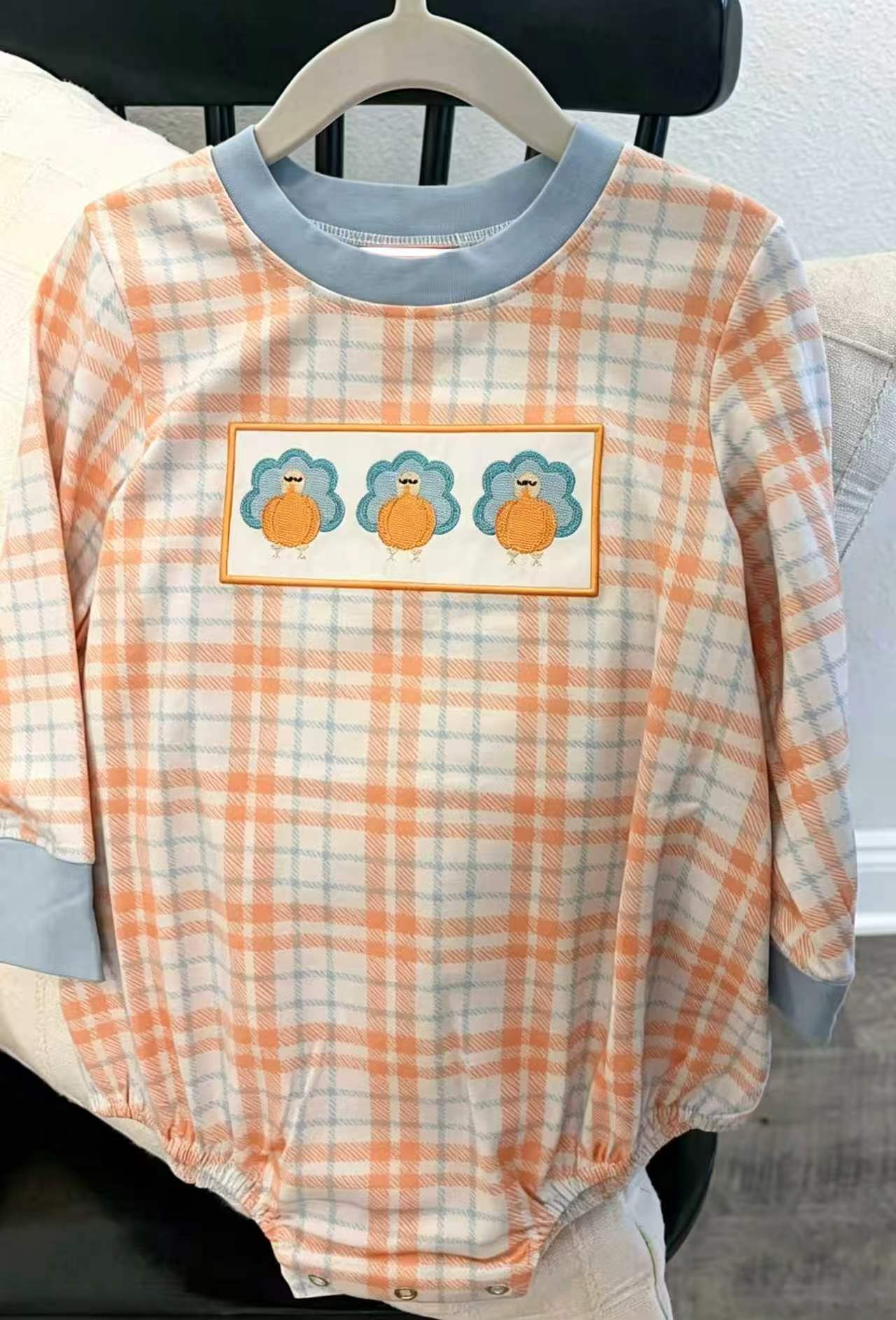 7.4 Preorder LR3138 Pumpkin Turkey Orange Checkerd Print Baby Boys Thanksgiving Romper