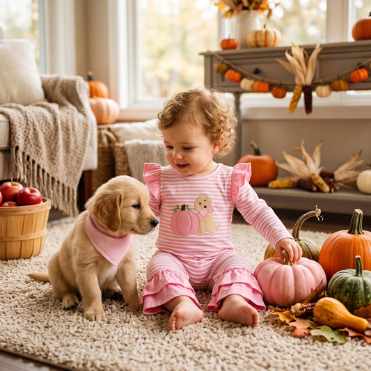 LR3140 Dog Pumpkin Embroidery Pink Striped Baby Girls Fall Ruffle Romper