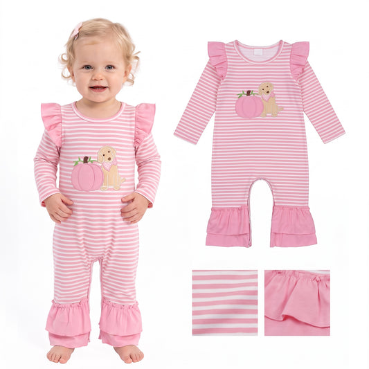LR3140 Dog Pumpkin Embroidery Pink Striped Baby Girls Fall Ruffle Romper