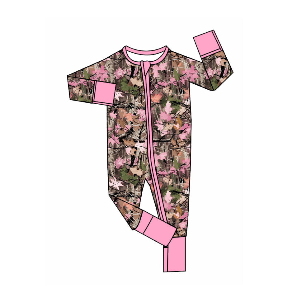 7.13 LR3142 Preorder Pink Branch Camo Baby Girls Long Sleeve Zipper Sleeper Romper