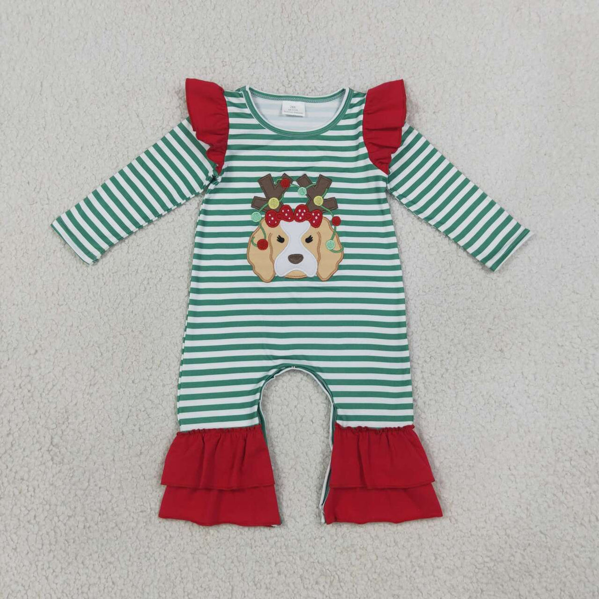 Embroidery Dog Green Stripes Baby Girls Christmas Romper