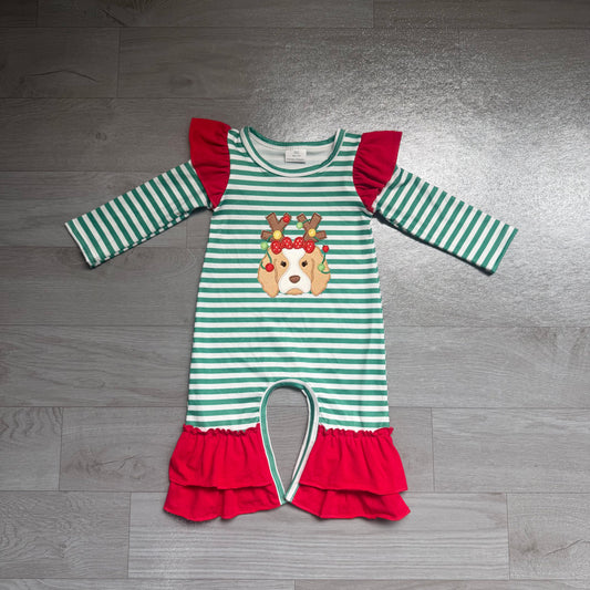 7.15 LR3145 Preorder Dog Green Stripes Baby Girls Christmas Romper
