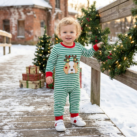 LR3146 Dog Embroidery Green Stripes Baby Boys Christmas Romper