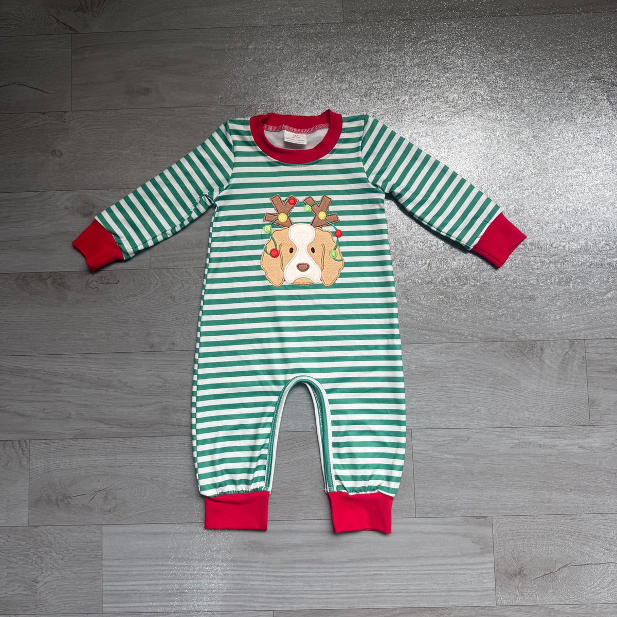 7.15 LR3146 Preorder Dog Green Stripes Baby Boys Christmas Romper