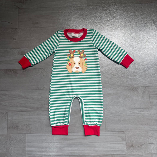 7.15 LR3146 Preorder Dog Green Stripes Baby Boys Christmas Romper