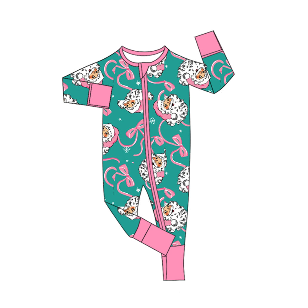 7.15 LR3147 Preorder Santa Bows Baby Girls Christmas Zipper Sleeve Romper