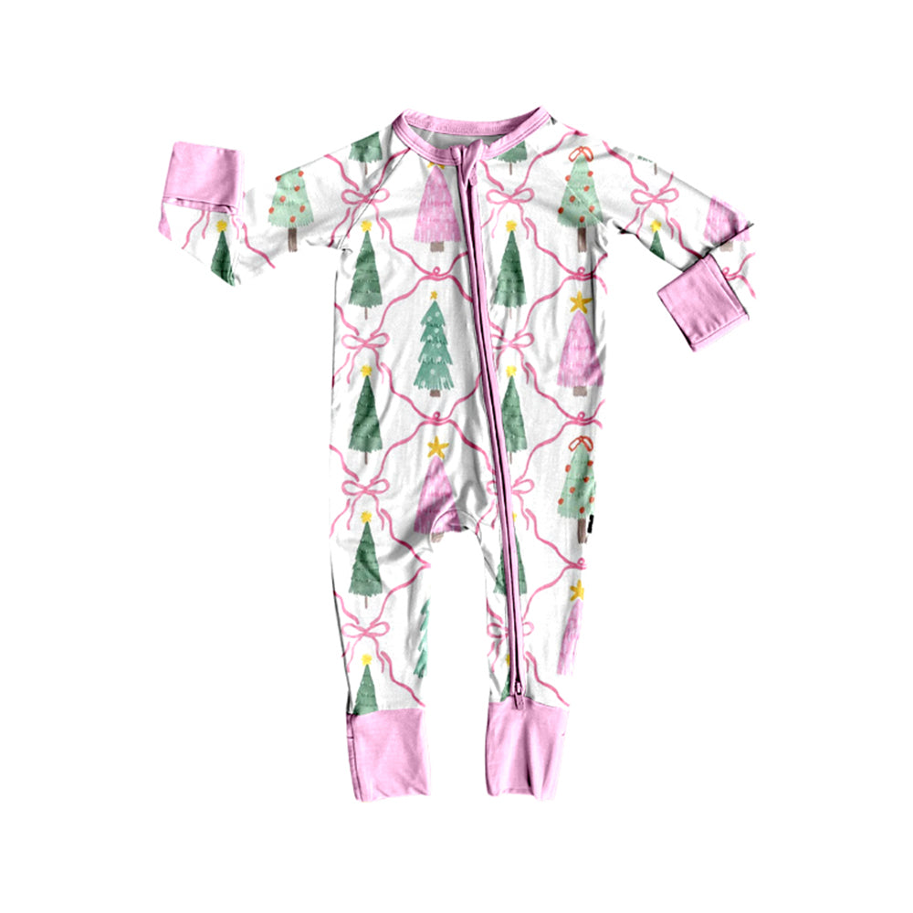 7.15 LR3148 Preorder Tree Bows Baby Girls Christmas Zipper Sleeve Romper