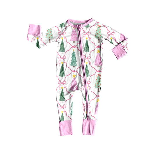 7.15 LR3148 Preorder Tree Bows Baby Girls Christmas Zipper Sleeve Romper