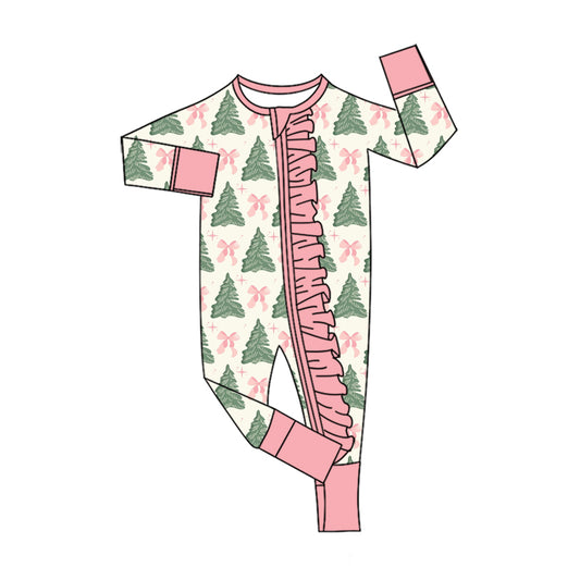 7.18 Preorder Christmas Tree Pink Bow Long Sleeve Zipper Romper