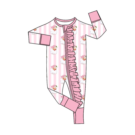 7.18 Preorder Christmas Santa Pink Striped  Long Sleeve Zipper Romper