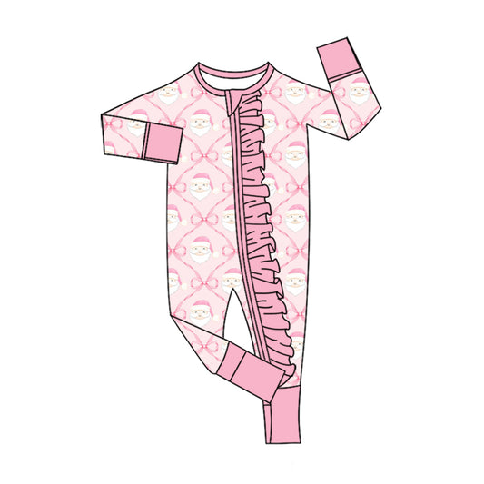 7.18 Preorder Christmas Santa Pink Bow Long Sleeve Zipper Romper