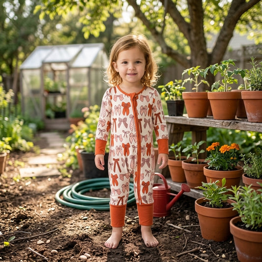 LR3158 Brown Bows Print Baby Girls Long Sleeve Zipper Sleeper Romper