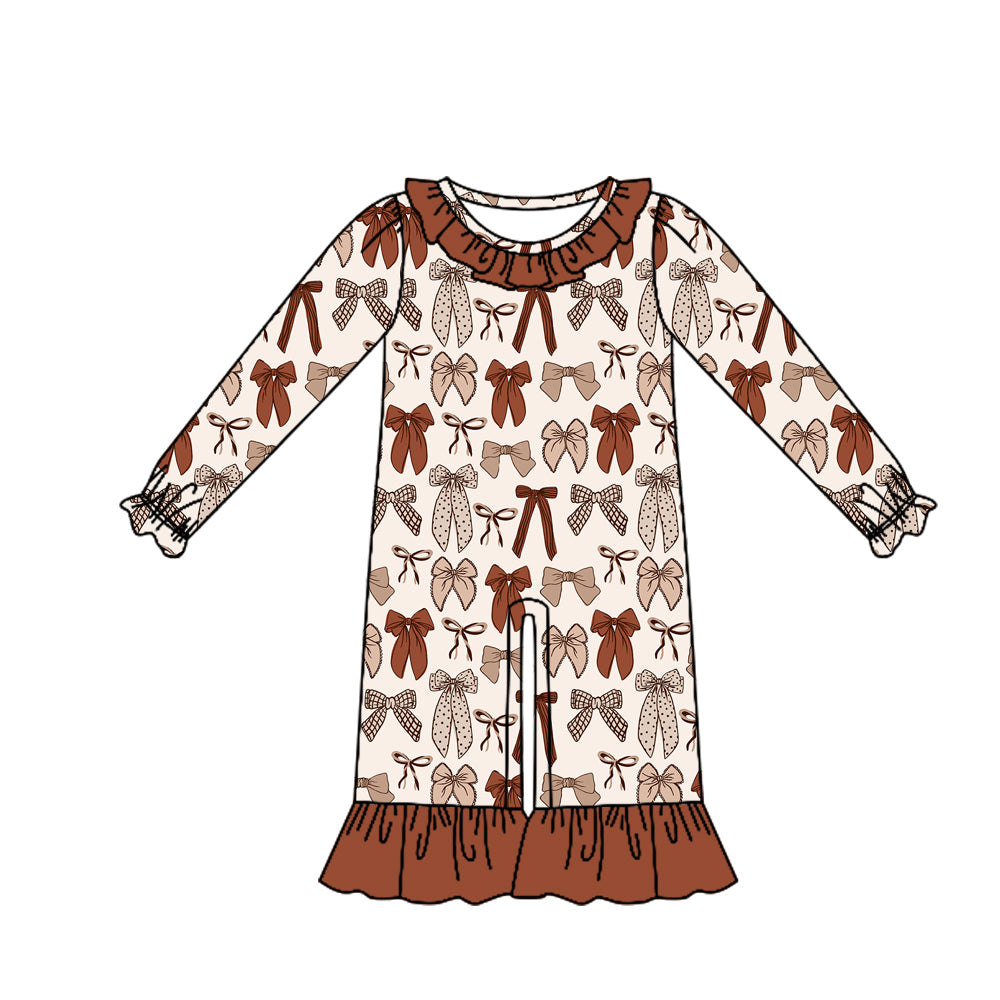 7.23 LR3159 Preorder Brown Bows Print Baby Girls Ruffle Romper
