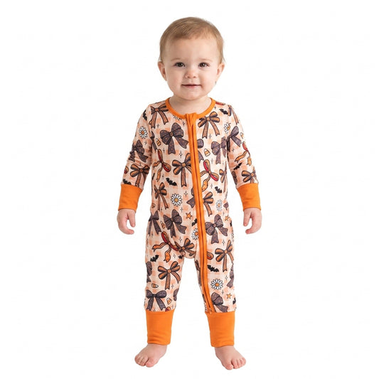 LR3161 Bows Candy Flowers Bat Baby Girls Halloween Long Sleeve Zipper Sleeper Romper