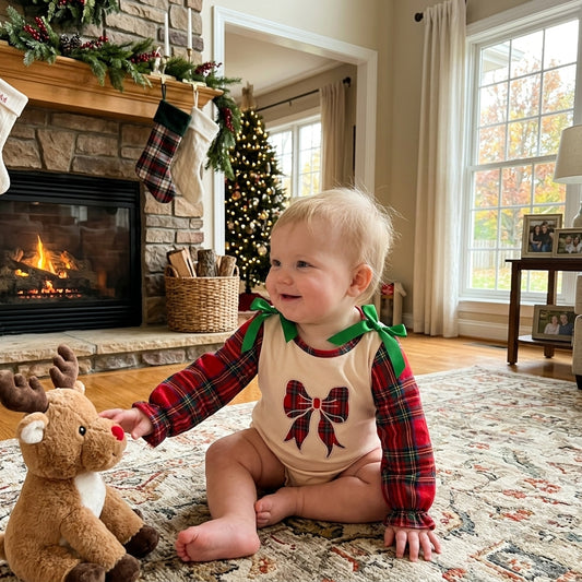 LR3163 Bow Embroidery Red Checkered Baby Girls Christmas Romper