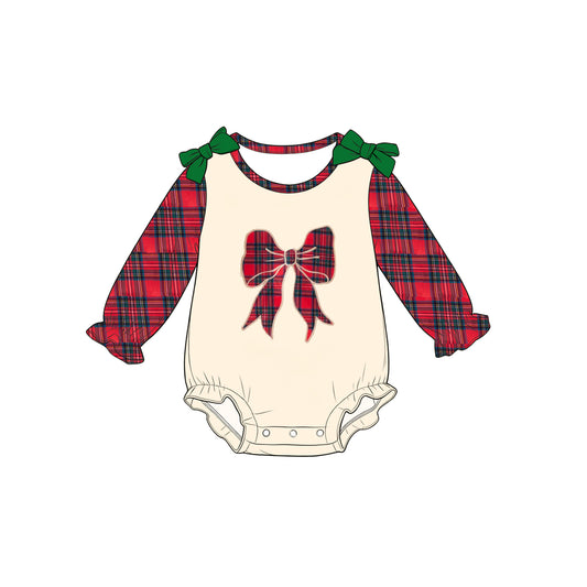 7.25 Preorder Baby Girls Christmas Plaid Bow Long Sleeve Romper