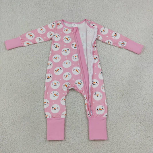 LR3165 Snowman Smiling Pink Baby Girls Christmas Zipper Sleeper Romper